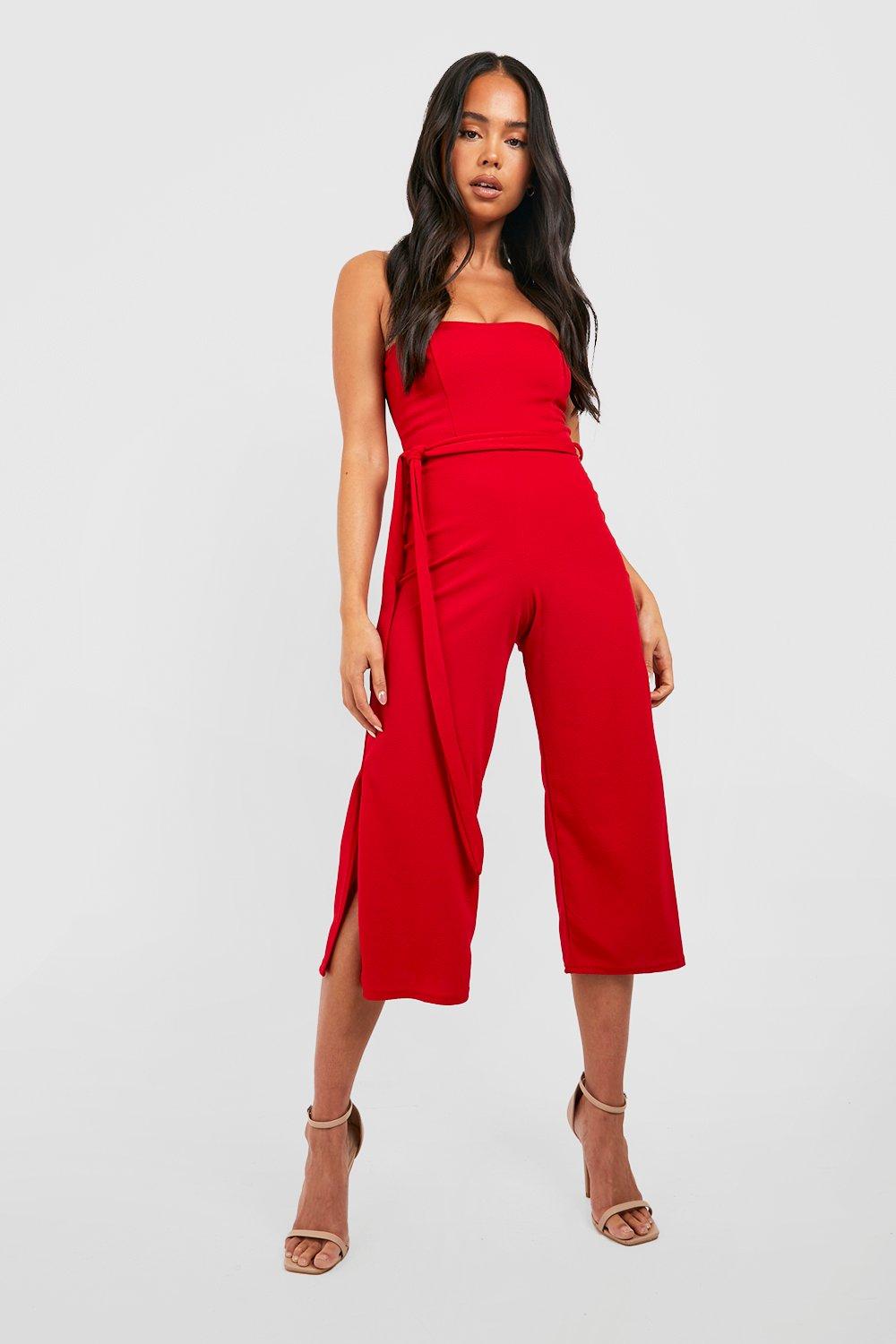 Womens Petite Bandeau Tie Waist Jumpsuit - Red - 12, Red
