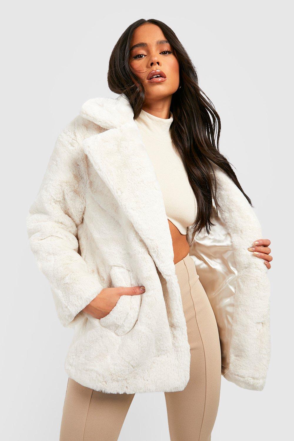 Womens Petite Oversized Collar Luxe Faux Fur Coat - White - 10, White