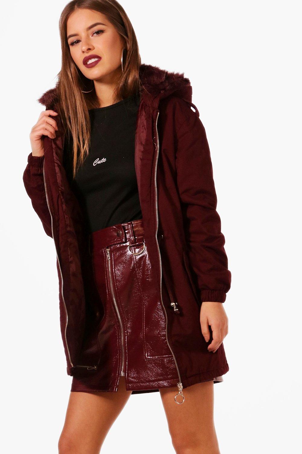 burgundy parka with fur hood