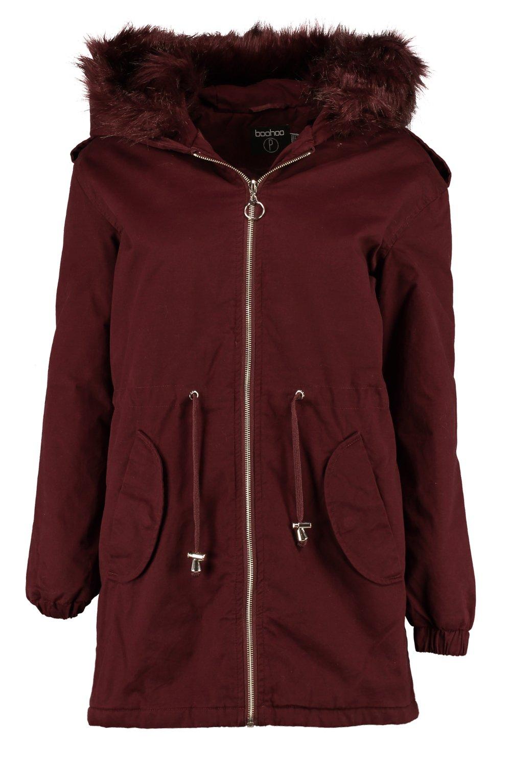 burgundy parka with fur hood