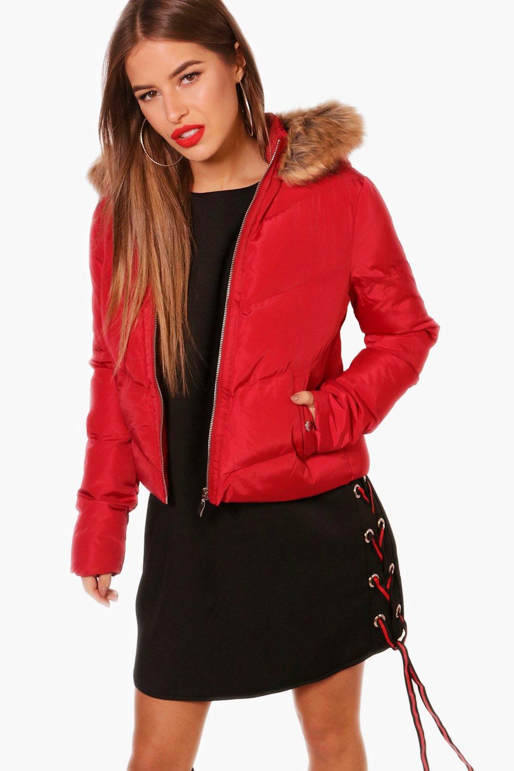 red padded faux fur hooded coat