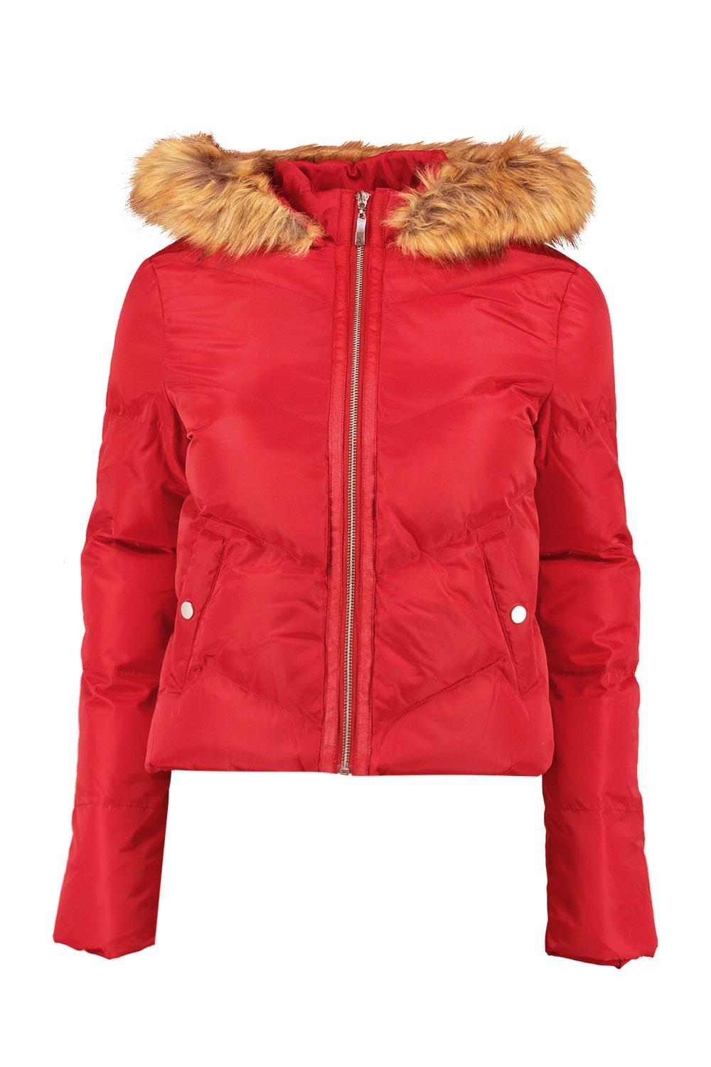 red padded faux fur hooded coat