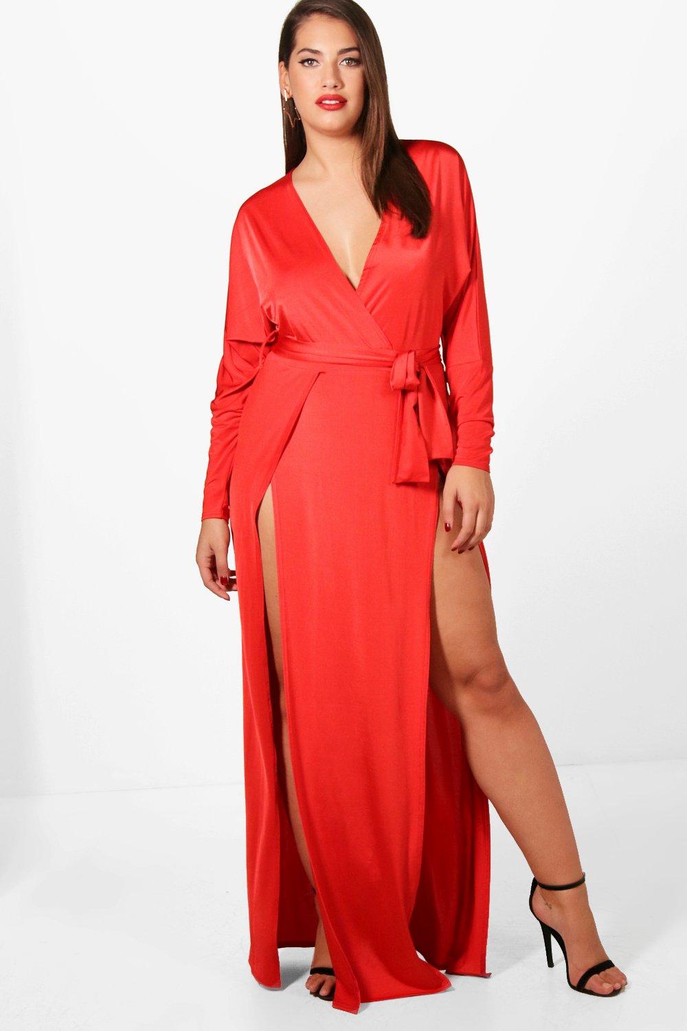 Boohoo Womens Plus Verity Slinky Plunge Split Maxi Dress | eBay