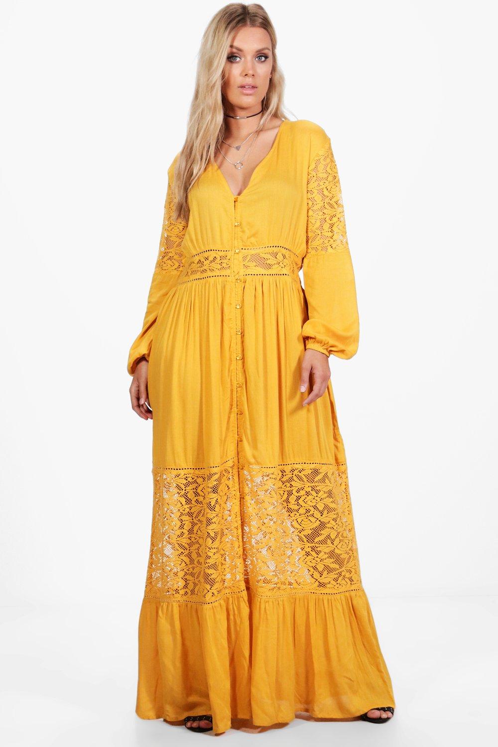 Plus Size Retro Dresses 50s, 60s ,70s, 80s, 90s Womens Plus Boho Lace Insert Maxi Dress - Yellow - 16 $55.00 AT vintagedancer.com