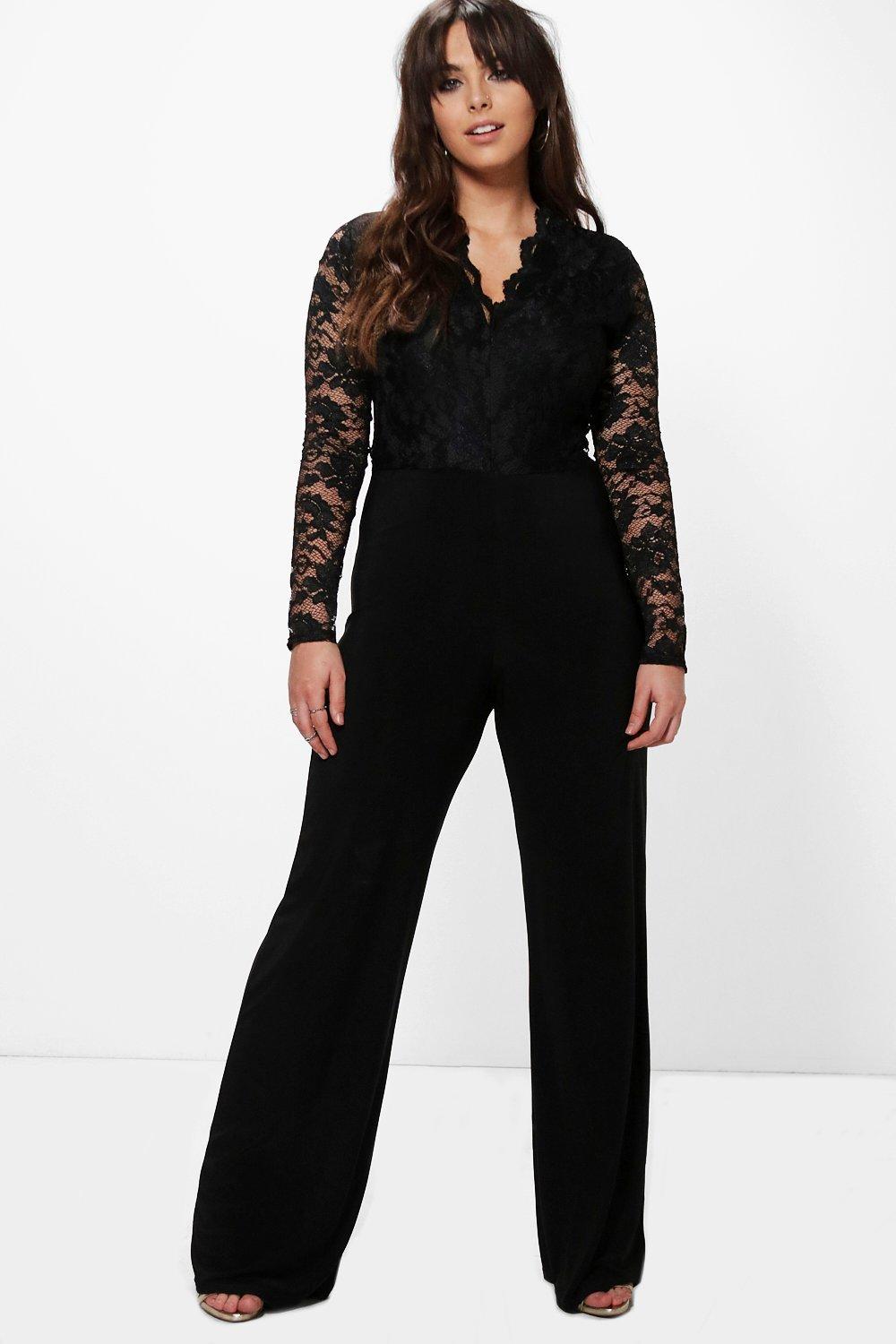 Plus Iris Long Sleeve Lace Top Slinky Jumpsuit | Boohoo