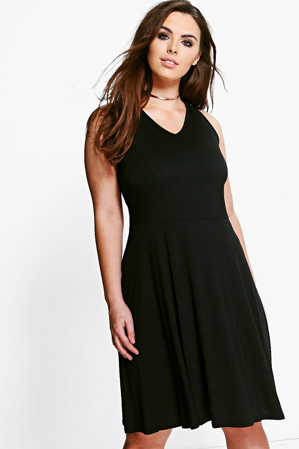 black v neck skater dress