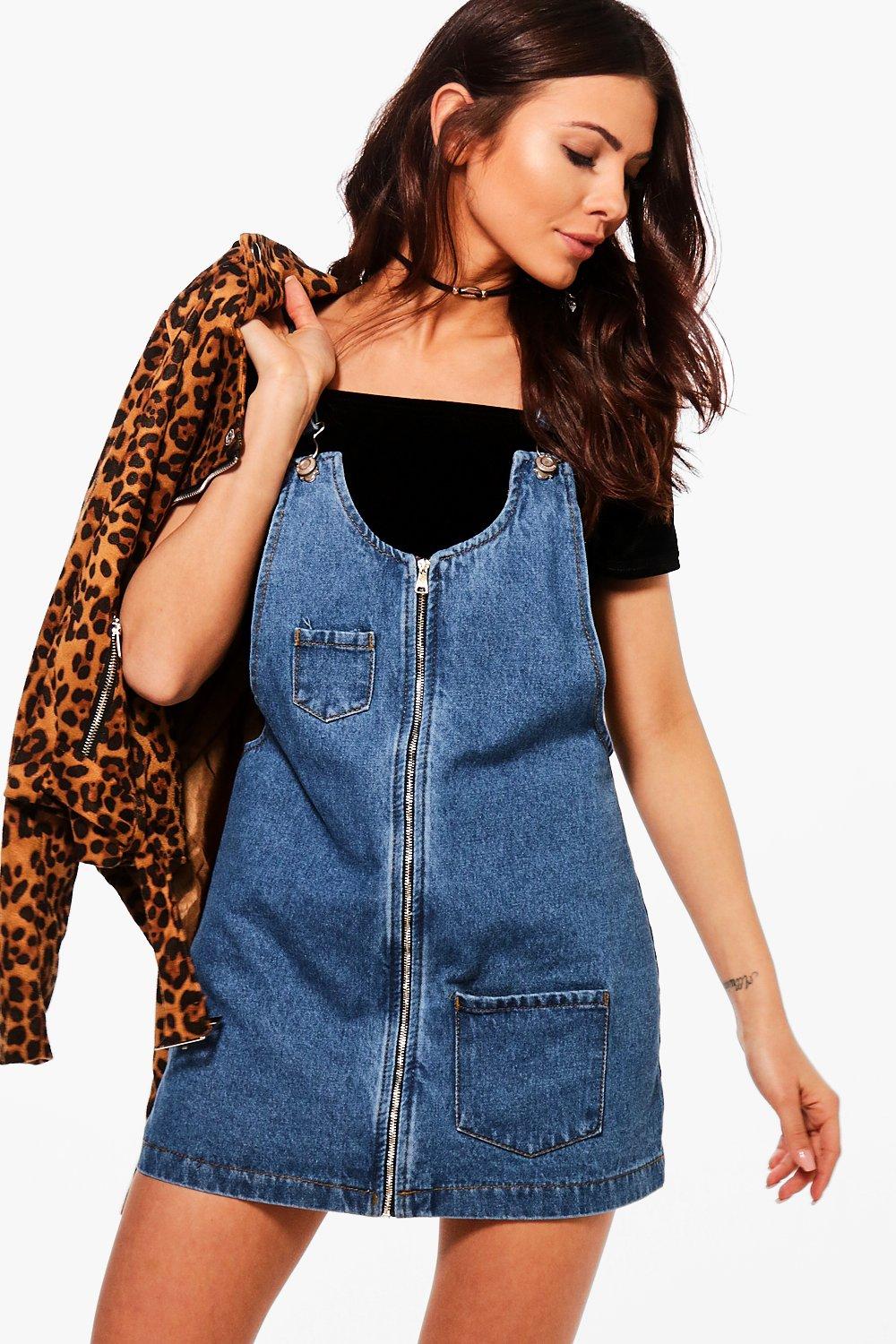 zip front denim pinafore dress