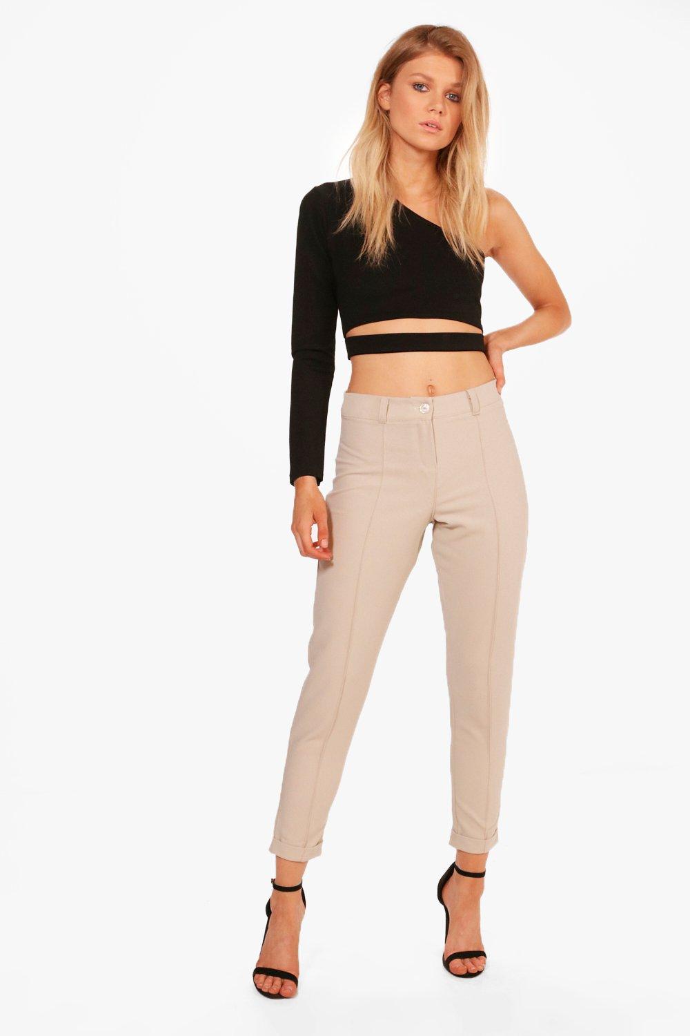 Boohoo Womens Petite Caitlin Turn Up Tailored Woven Trousers | eBay