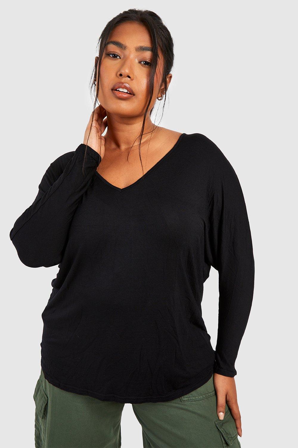 Image of T-shirt Plus Size Basic a maniche lunghe, Nero