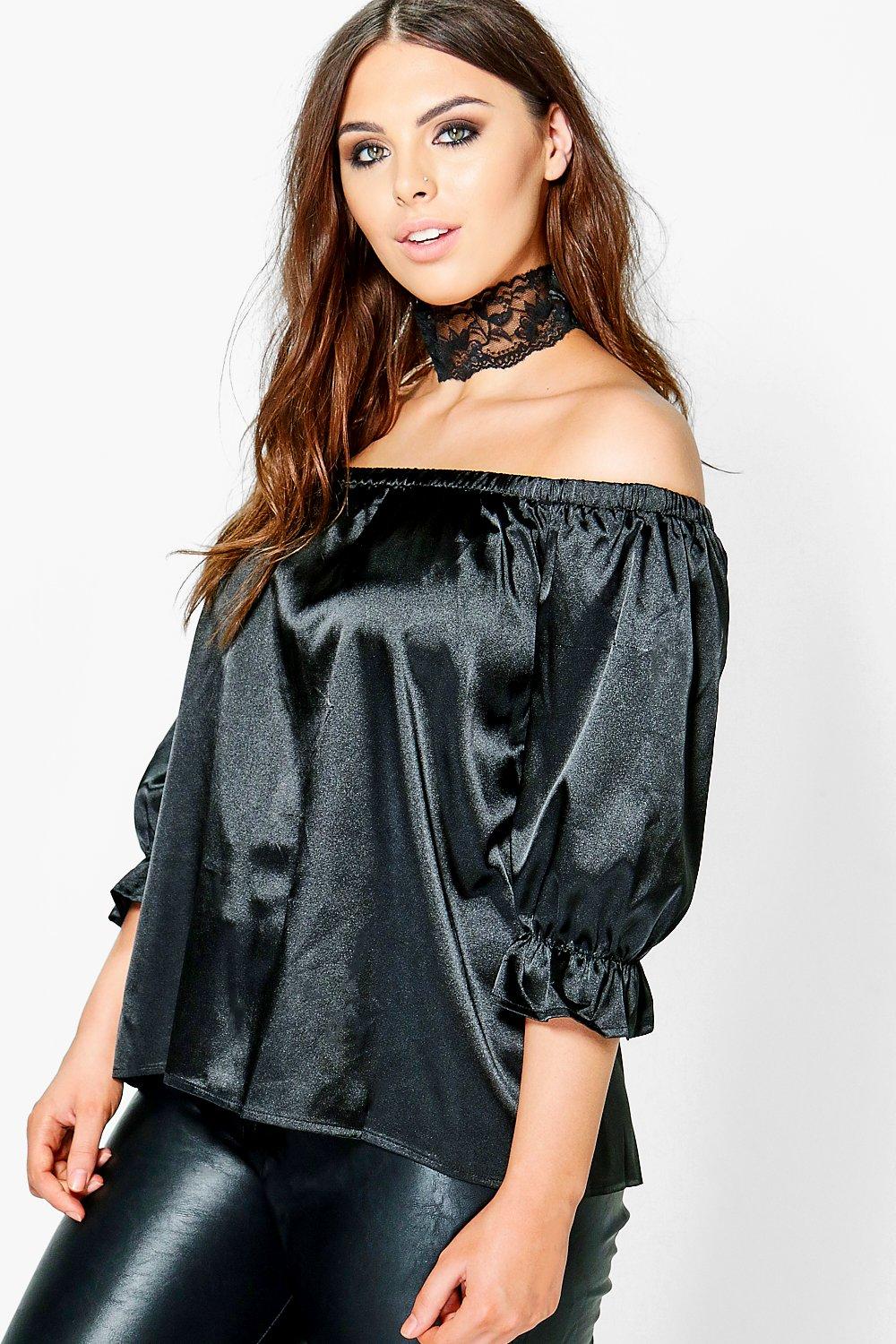 Boohoo Womens Plus Kate Satin Off The Shoulder Top