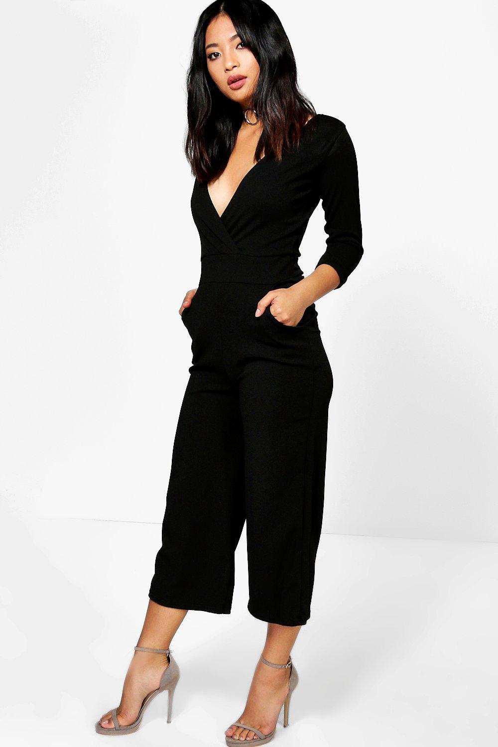 Boohoo Womens Petite Nora Roll Sleeve Relax Culotte Jumpsuit