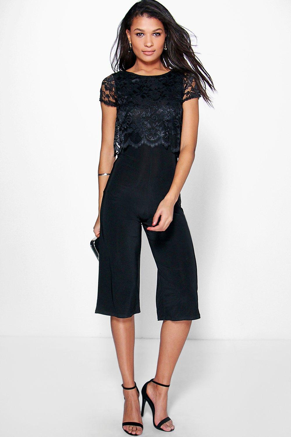Boohoo Womens Petite Willow Lace Overlay Culotte Jumpsuit | eBay