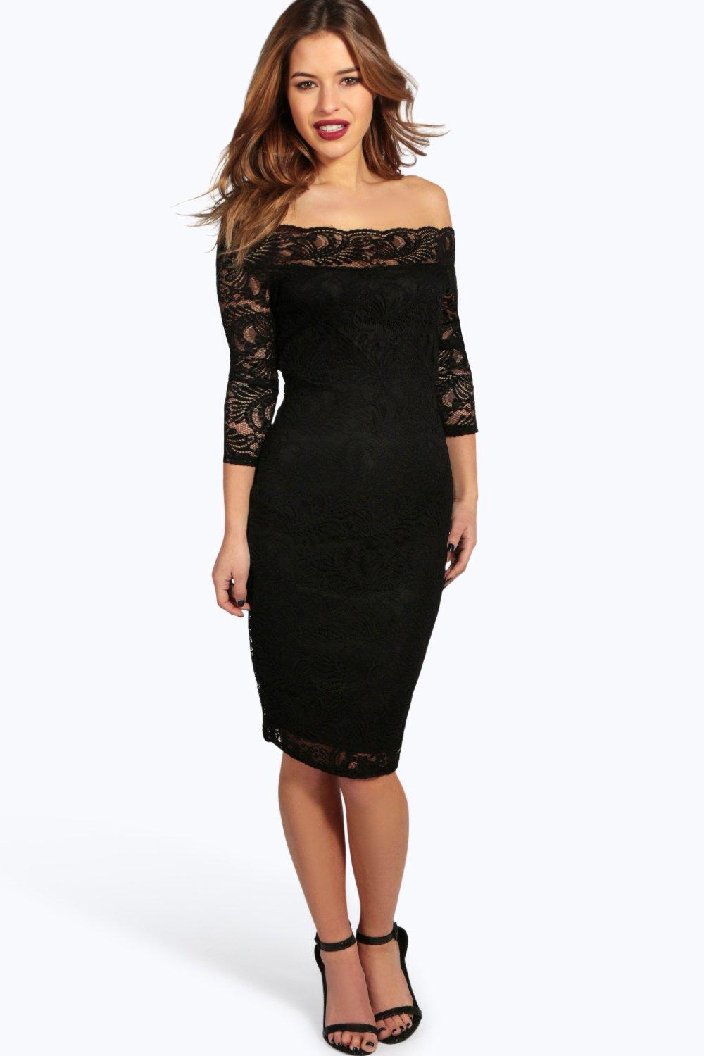 Petite Alexis Lace Bardot Midi Dress at boohoo.com