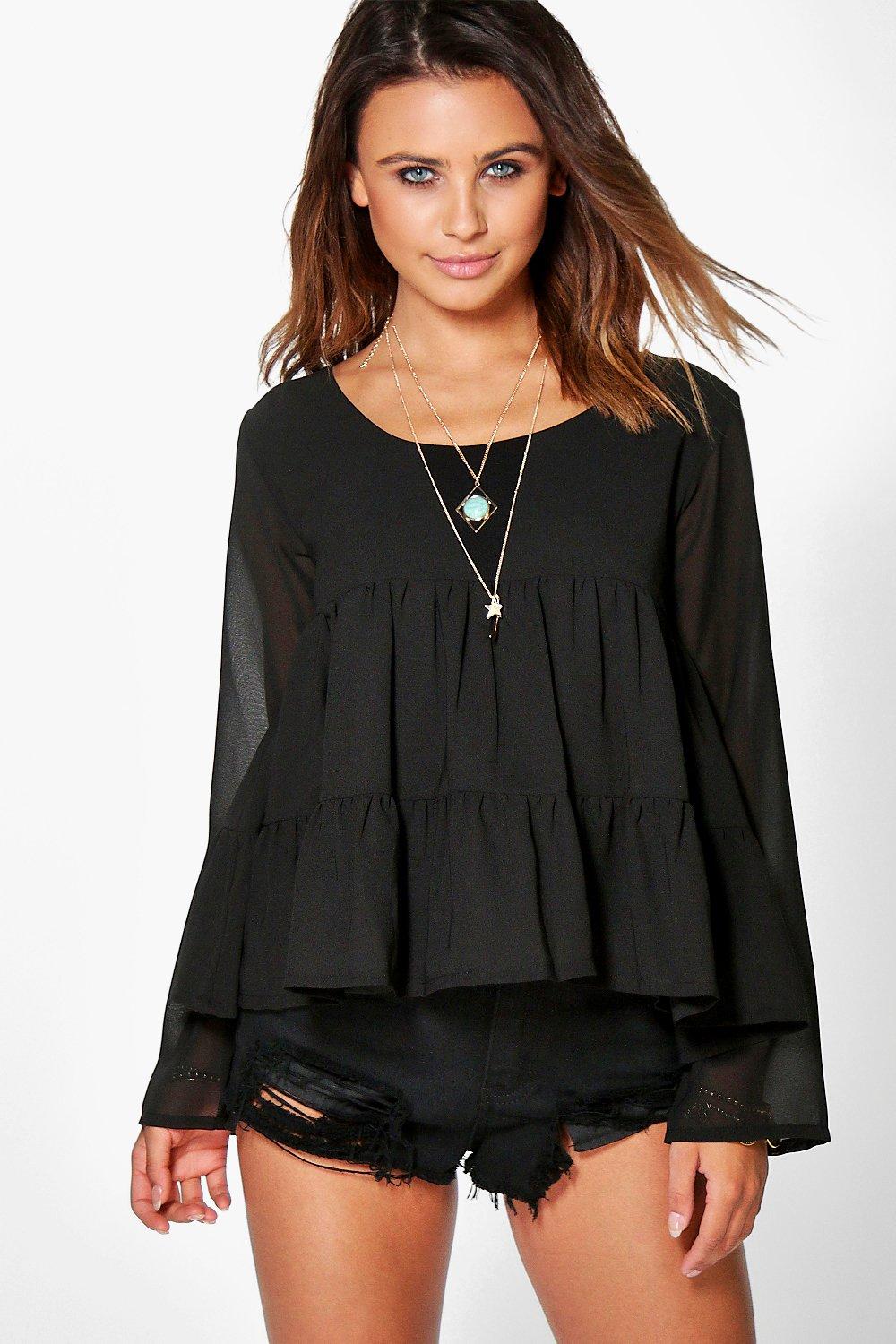 Boohoo Womens Petite Ellie Oversized Chiffon Smock Top in Black size 4 ...