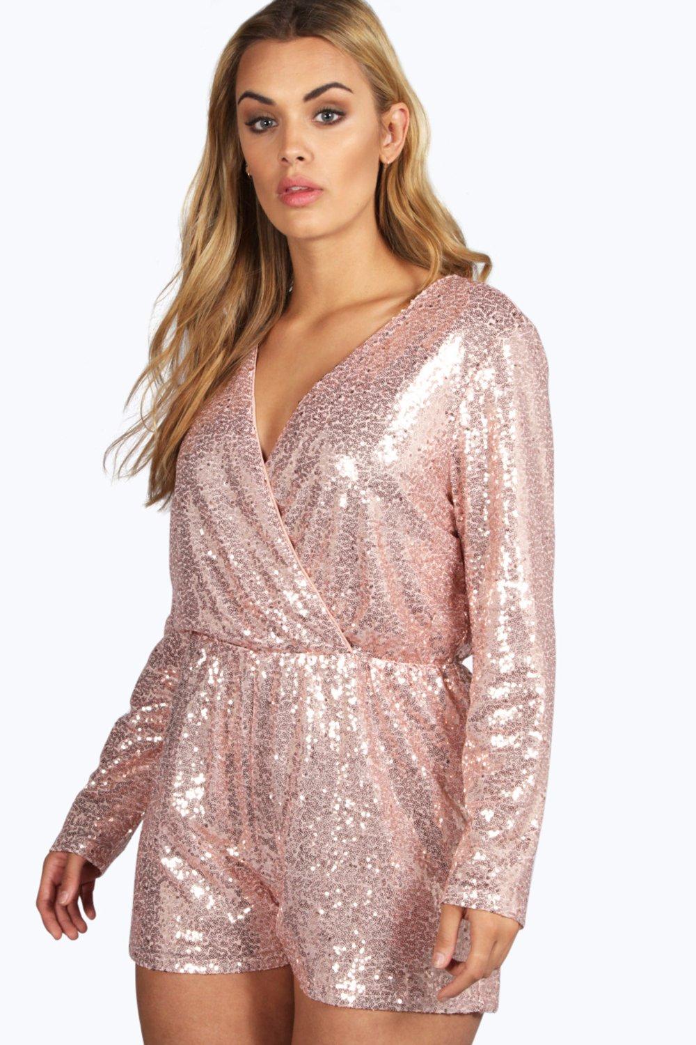 Plus Janine Sequin Wrap Front Playsuit | Boohoo