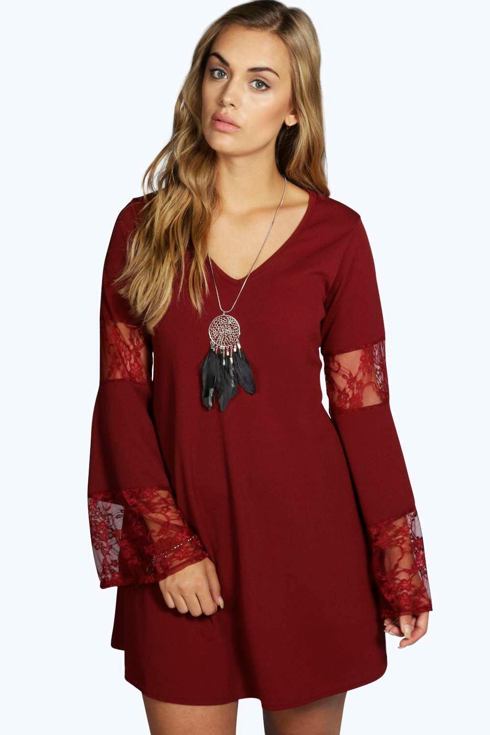 boohoo burgundy lace dress