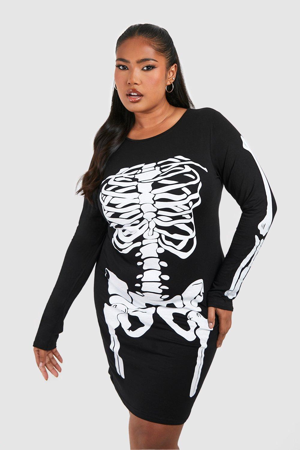Image of Tubino Plus Size di Halloween con scheletro, Nero