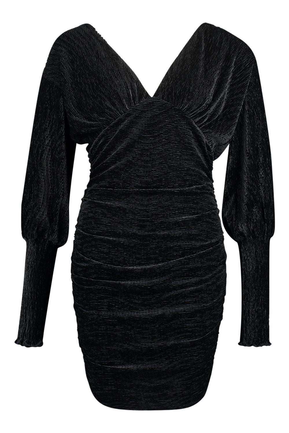 

Premium Pleated Velvet Drape Sleeve Bodycon Dress, Black