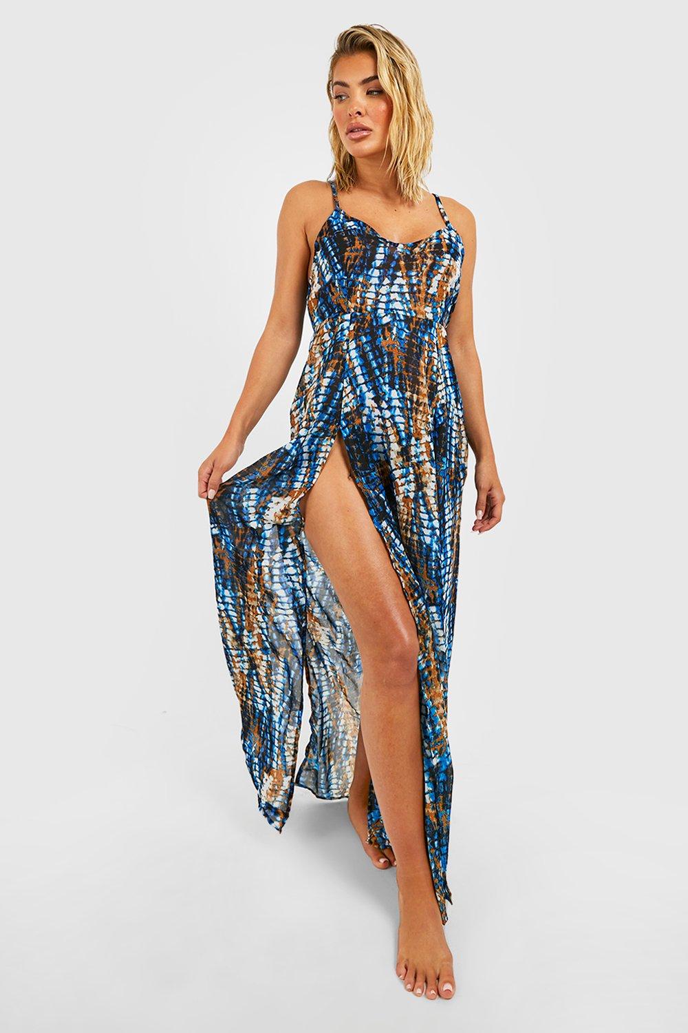 Womens Tie Dye Strappy Split Beach Maxi Dress - Blue - S, Blue