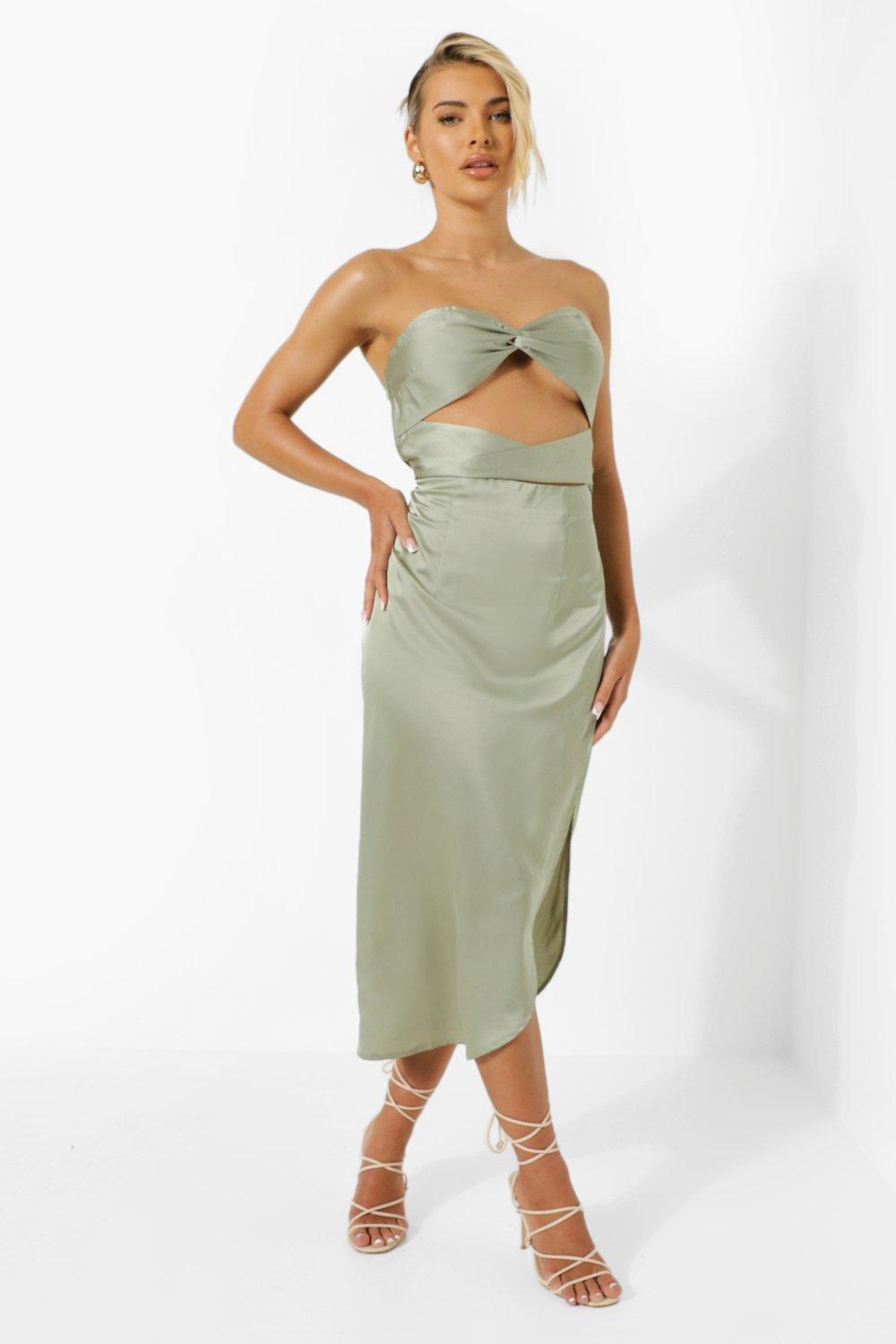 Boohoo Opgeknoopte Satijnen Strapless Midi Jurk, Green