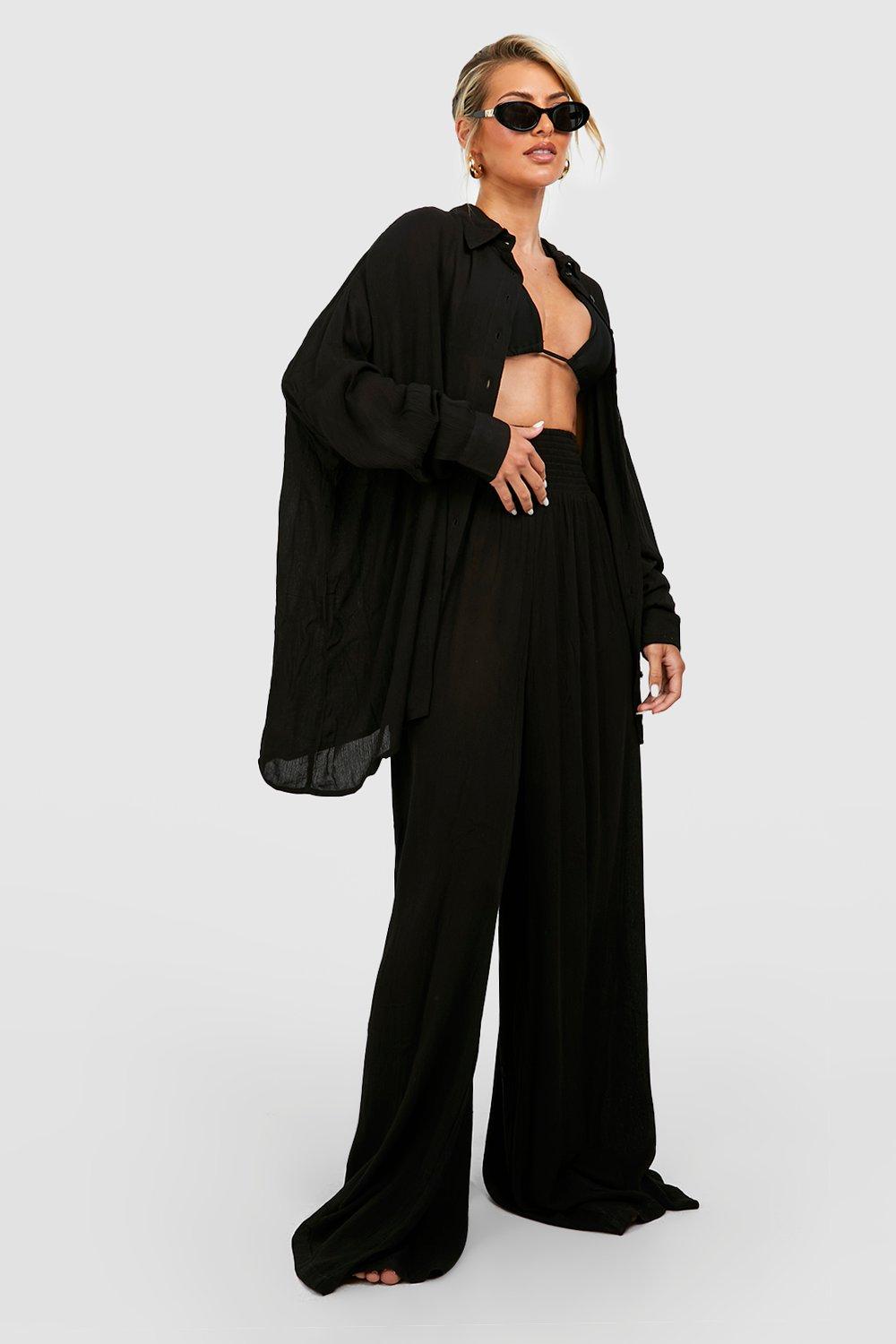 Womens Shirred Waist Woven Wide Leg Beach Trousers - Black - L, Black