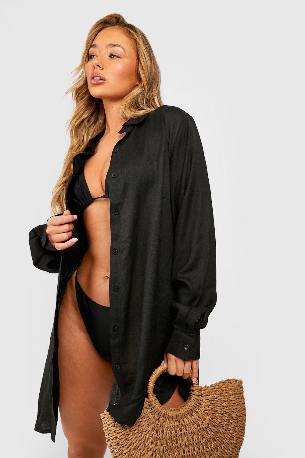 Womens Essentials Oversized Linen Look Beach Shirt - Black - L, Black