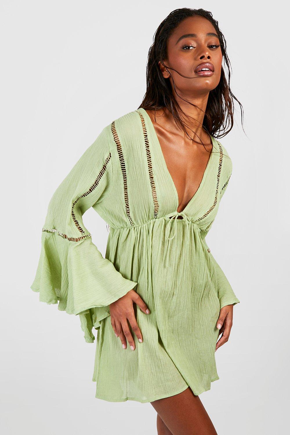 Boohoo Mini Strand Jurk Met Strik En Geplooide Mouwen, Sage