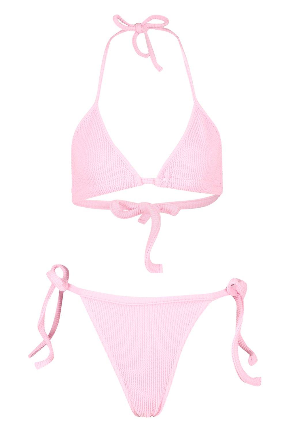 

Бикини из жатой ткани с треугольными чашечками и завязками, Pink