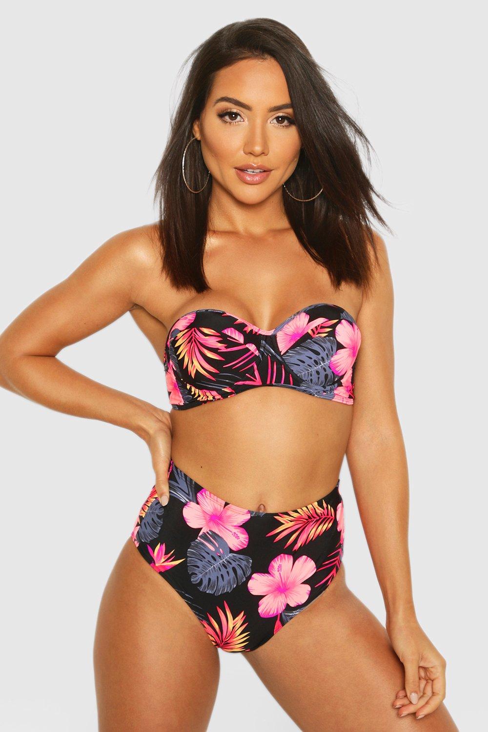 Tropical Floral Underwired High Waist Bikini Set - Black - 12