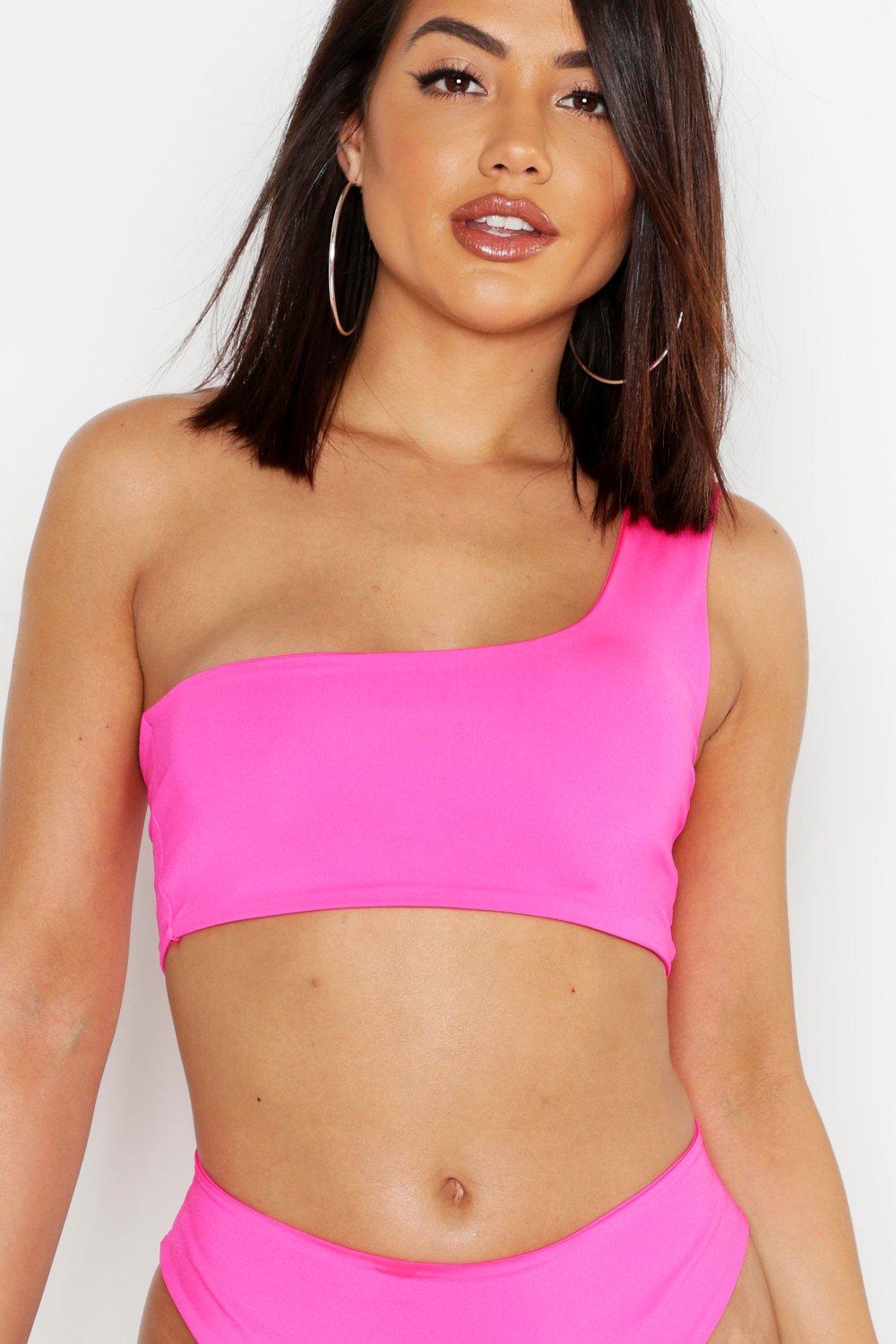 neon pink one shoulder crop top