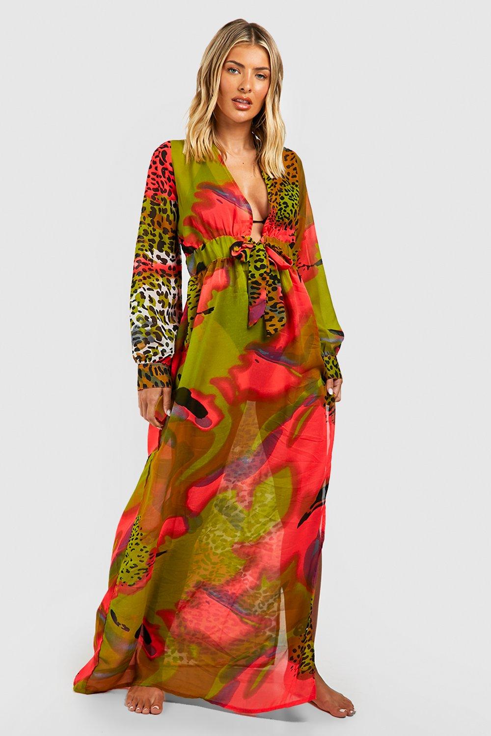 Womens Neon Tie Dye Animal Maxi Beach Kaftan - Green - S, Green