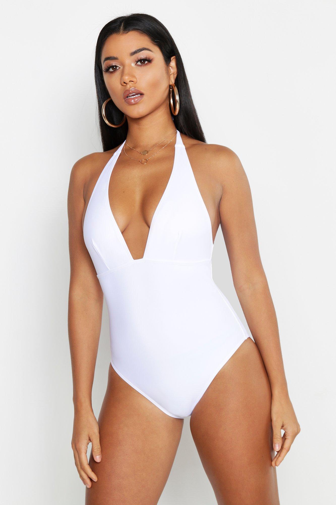 white halter neck swimsuit