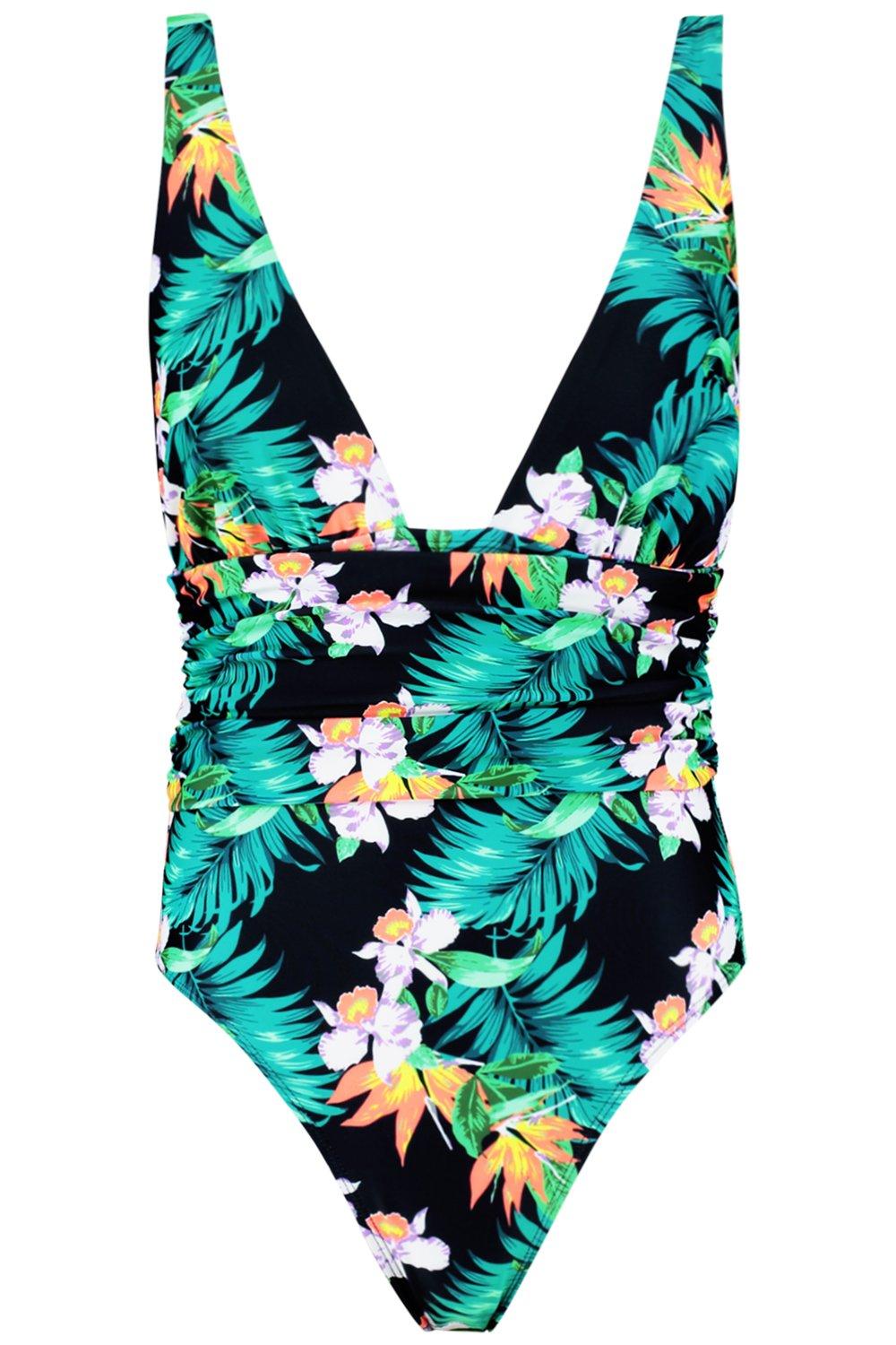 ruched tropical print black one piece swimwear