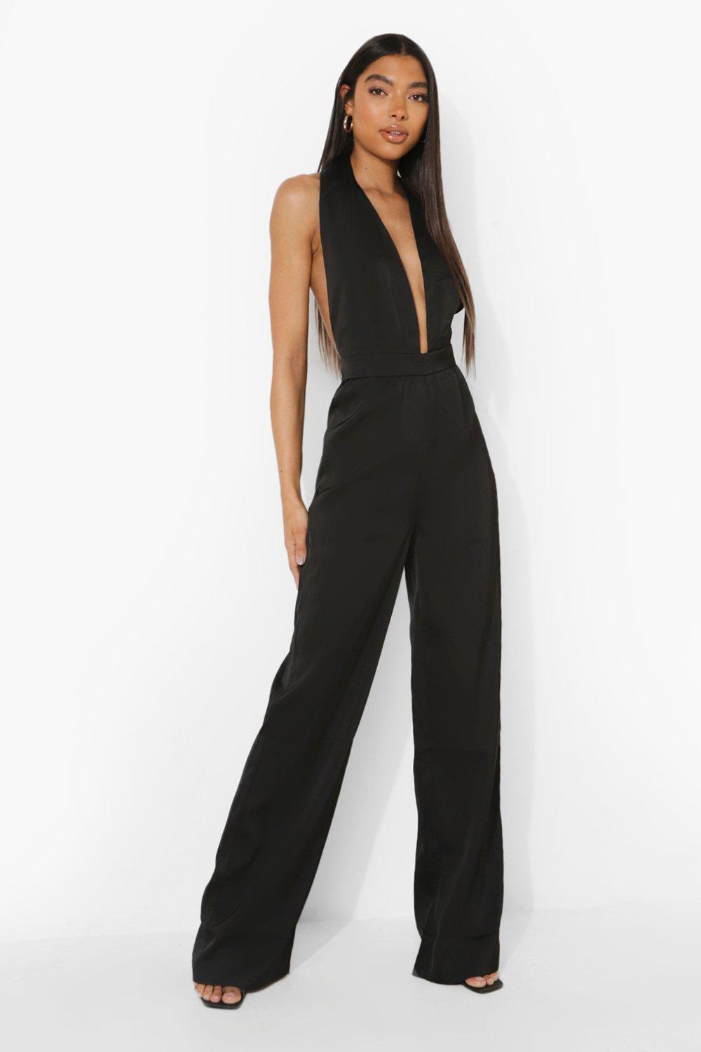 Tall - Combinaison Large Satinée À Décolleté Plongeant - Noir - 42, Noir