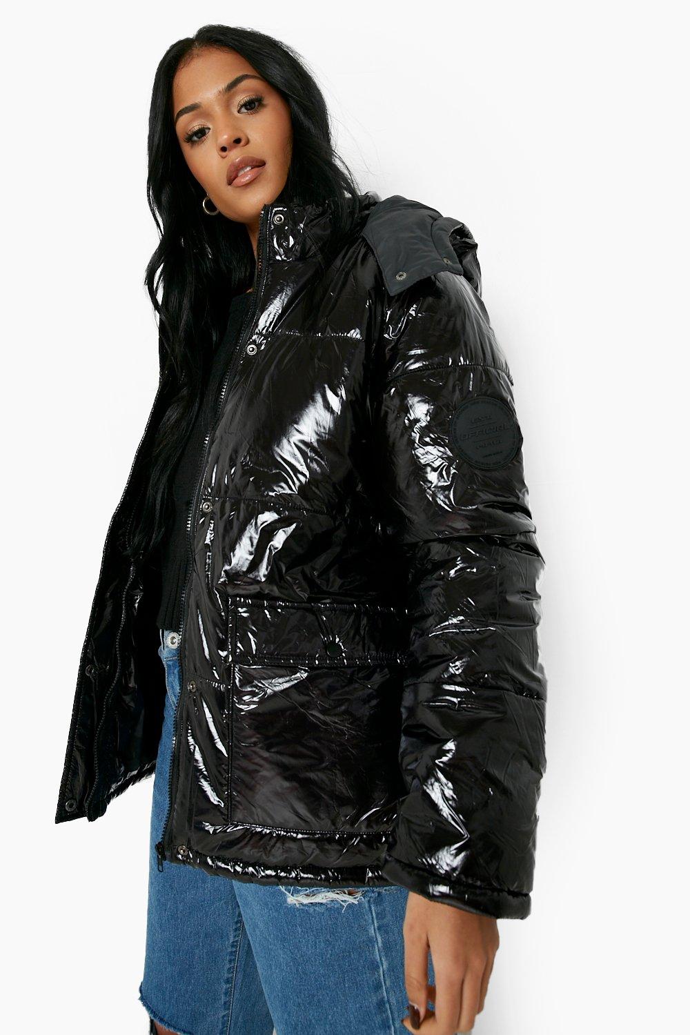 womens black shiny puffer jacket