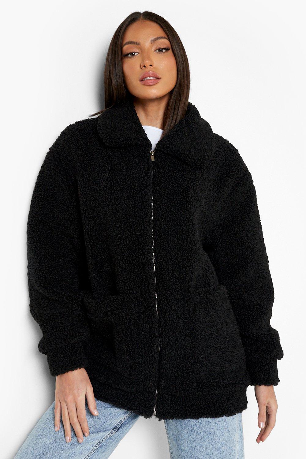 black teddy fur bomber jacket