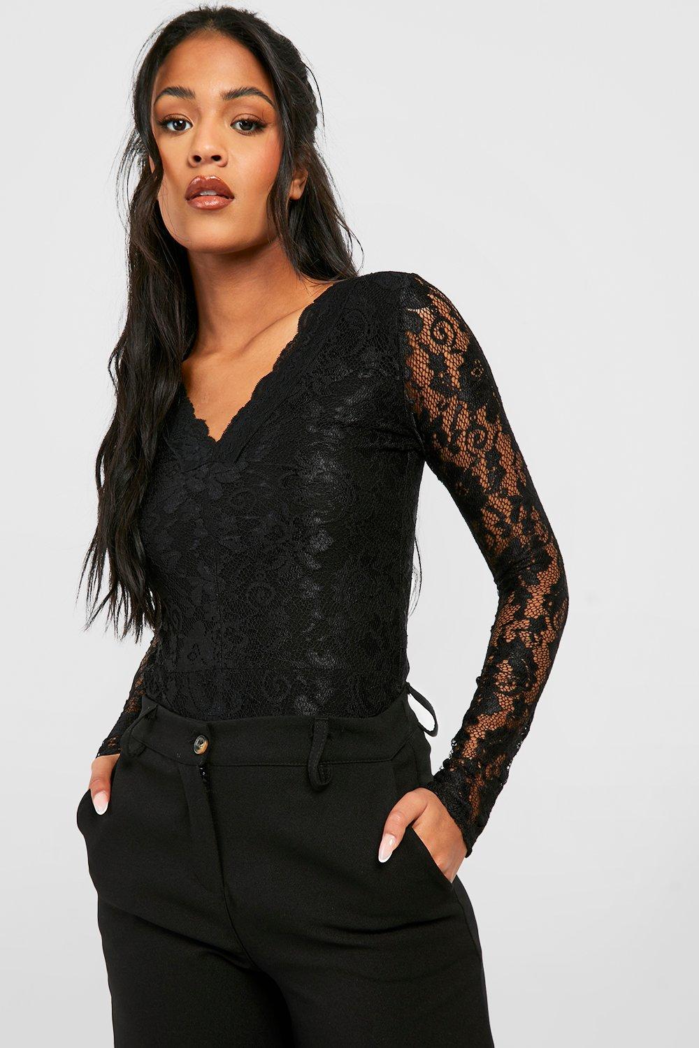 Tall Lace Long Sleeved Bodysuit - Black - 18