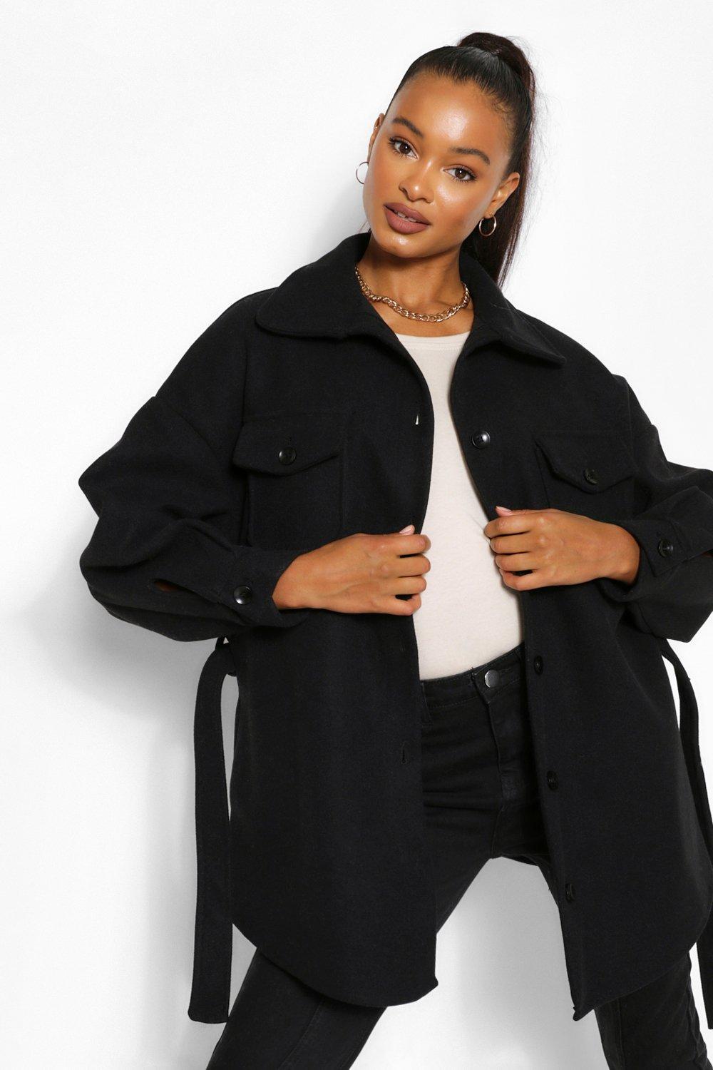 Tall Wool Belted Shacket Coat - Black - 12