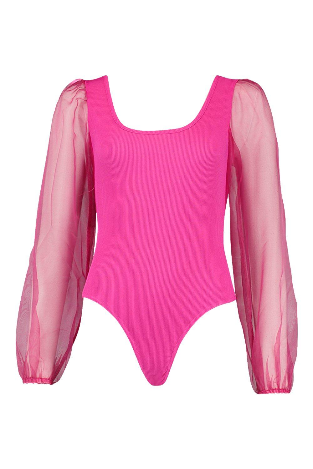 

Tall Rib & Organza Mesh Bodysuit, Fuchsia