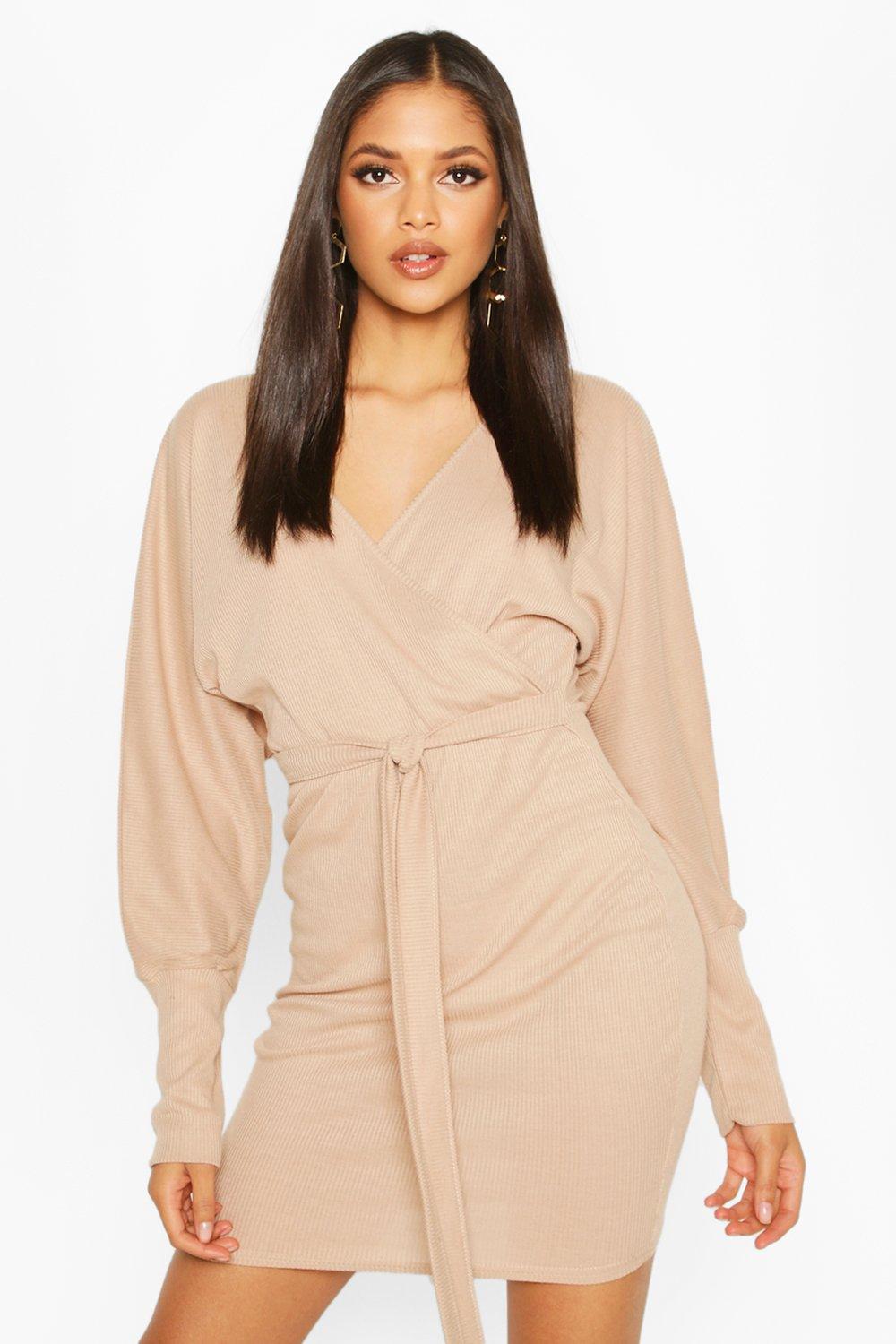 

Tall Rib Batwing Wrap Dress, Stone