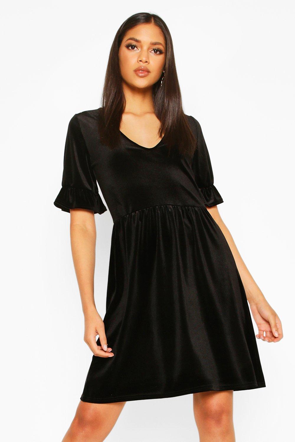 

Tall Velvet Plunge Frill Sleeve Smock Dress, Wine