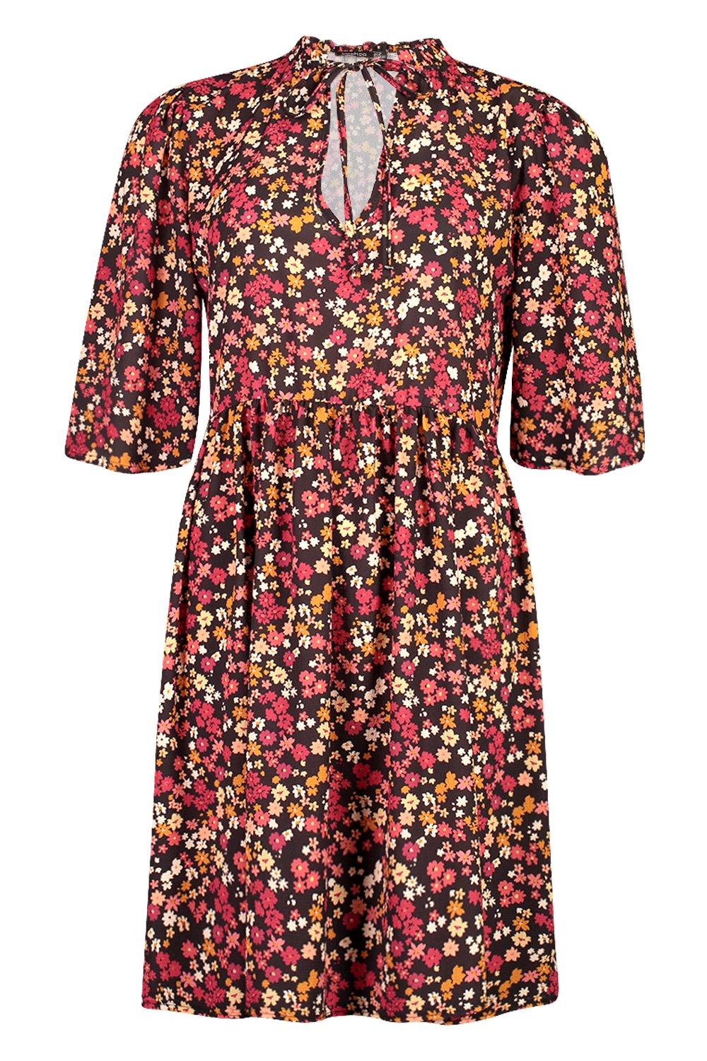 

Tall Floral High Neck Smock Dress, Black