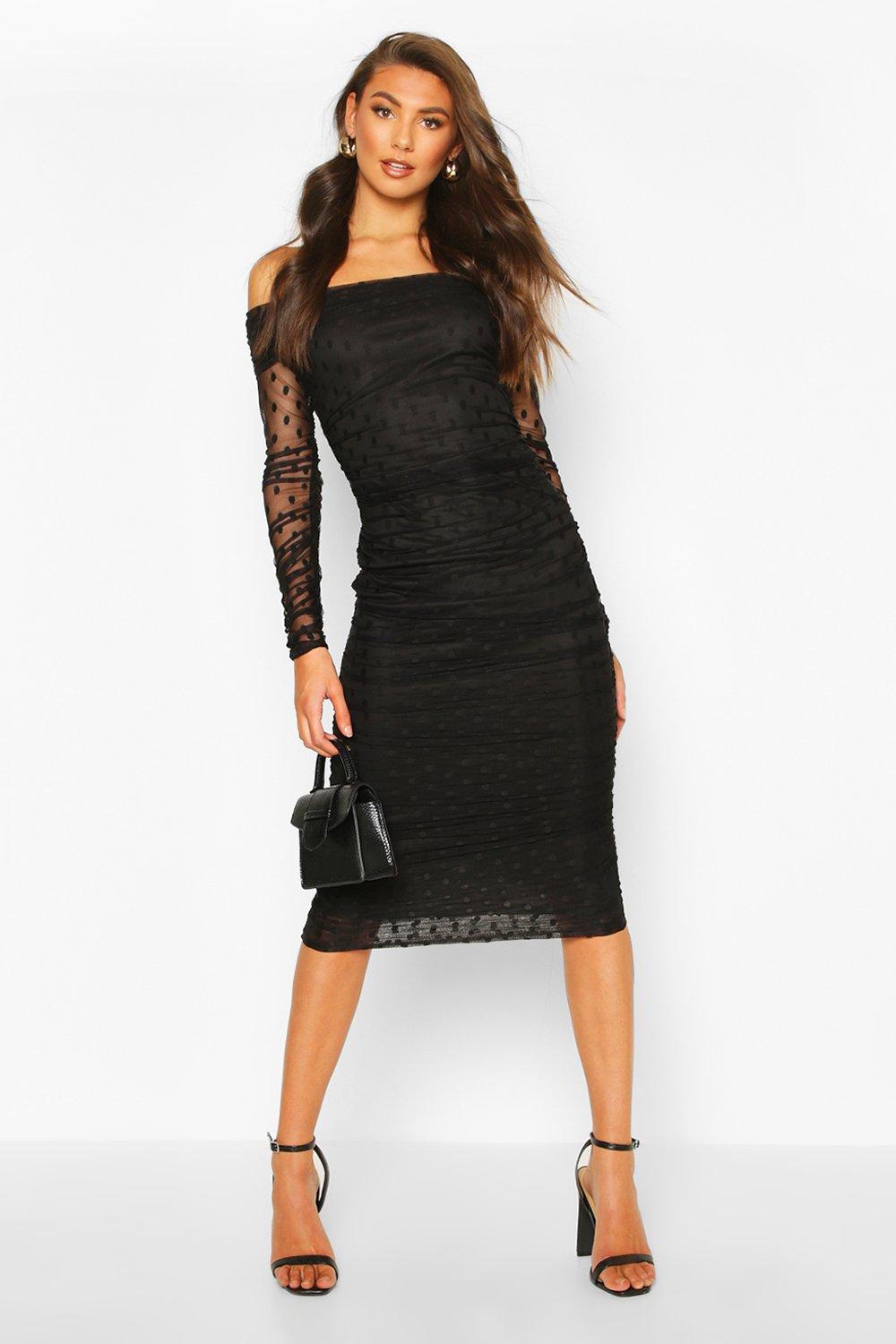 mesh ruched bardot midi dress