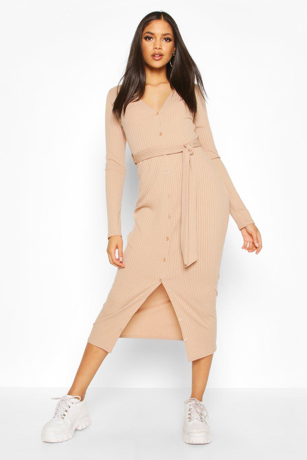 

Tall Button Down Rib Midi Dress, Stone