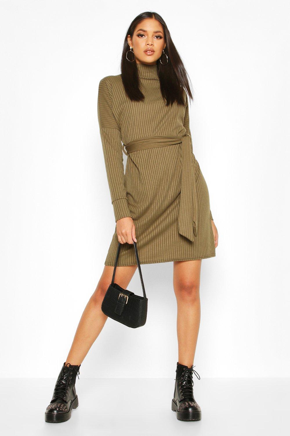 

Tall Rib High Neck Belted Shift Dress, Khaki