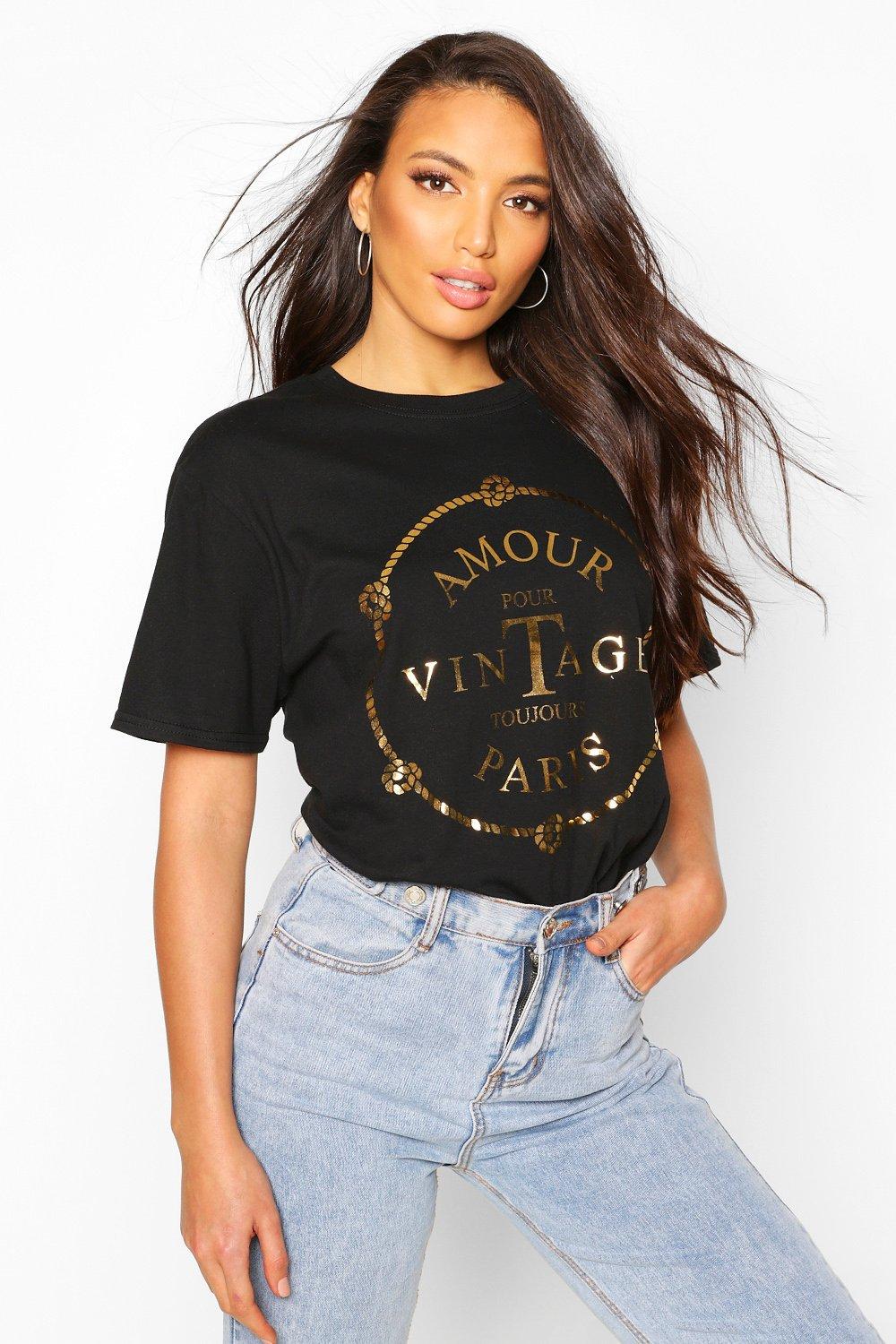 

Tall Gold Foil 'Amour' French Slogan T-Shirt, Black