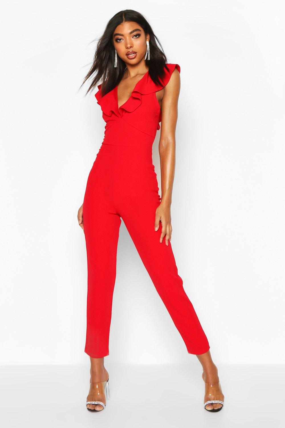 red plunge jumpsuit