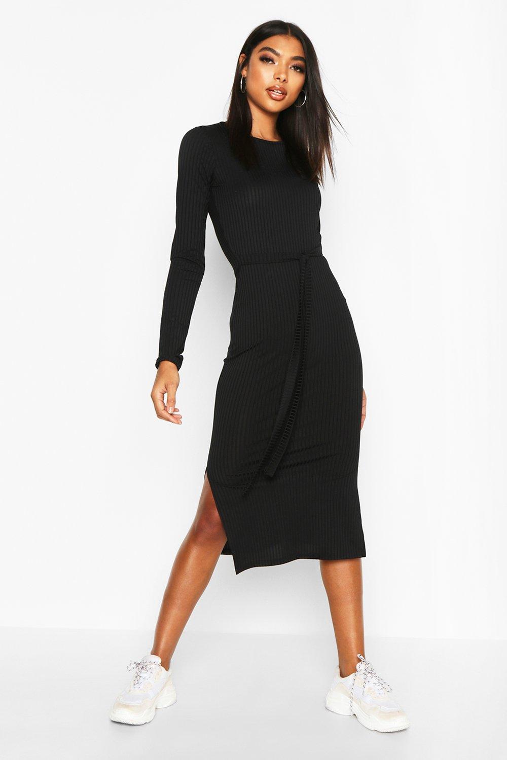 belted ribbed midi dress