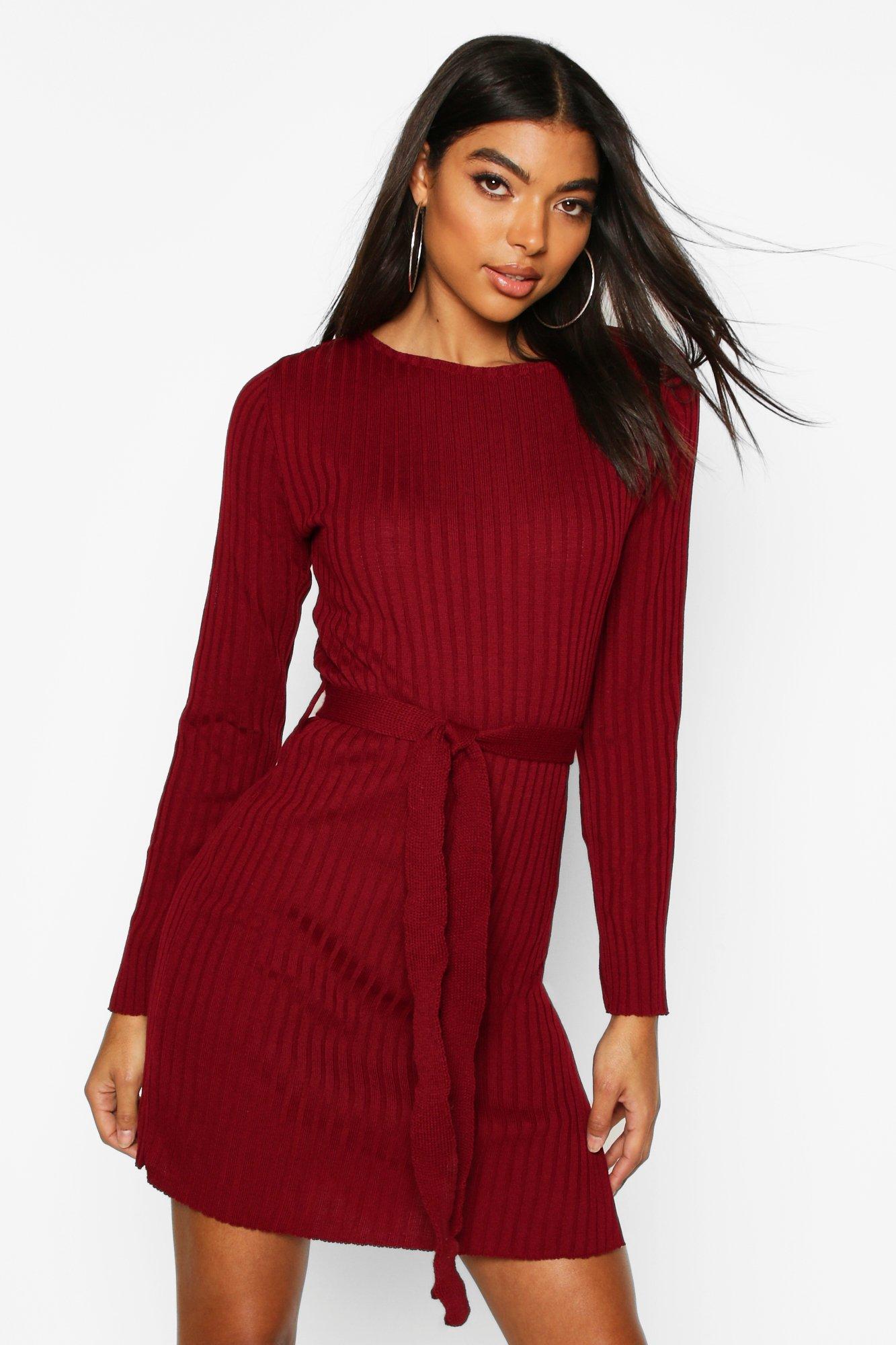 belted ribbed knit dress