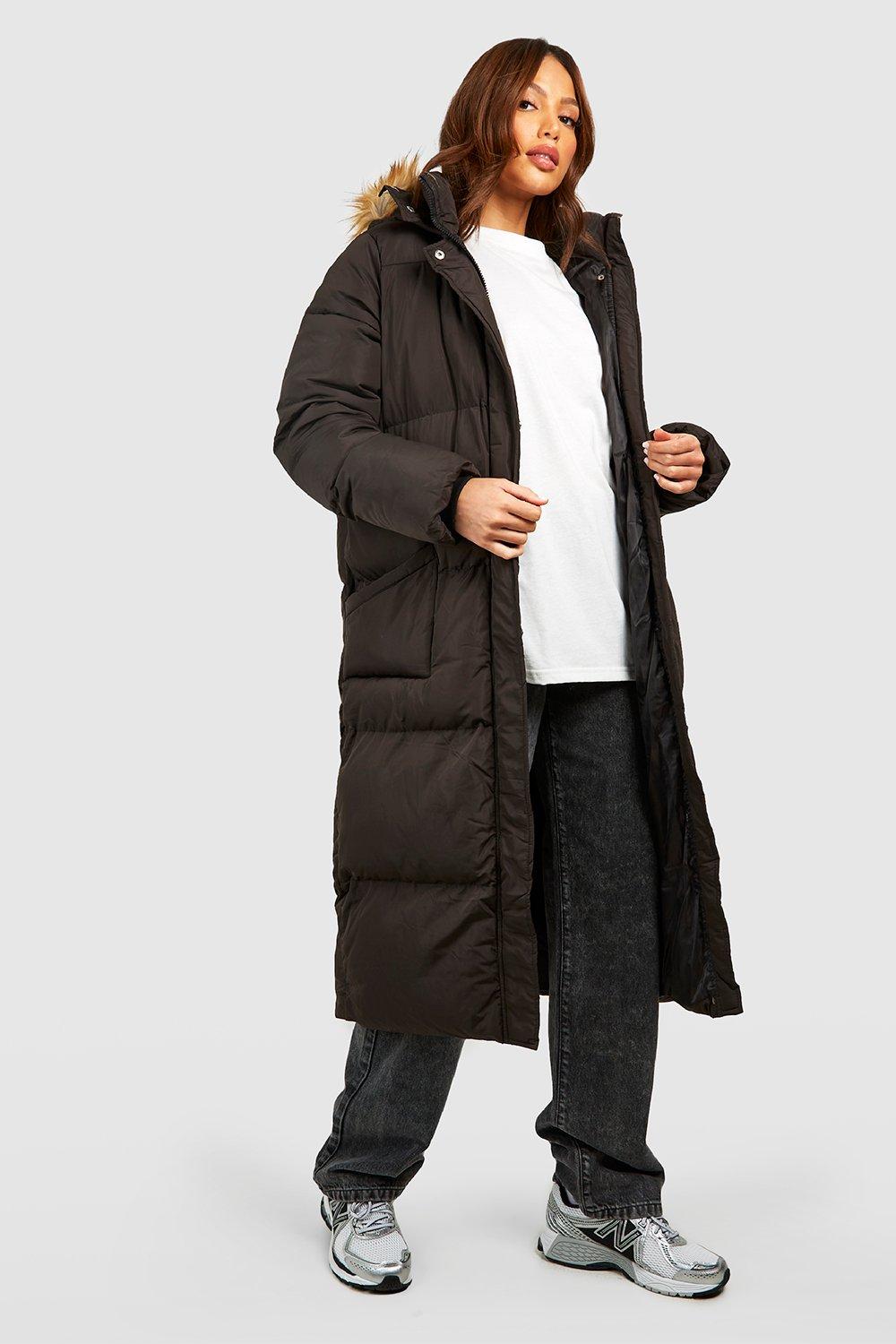 Womens Tall Faux Fur Hood Longline Padded Coat - Black - 8, Black